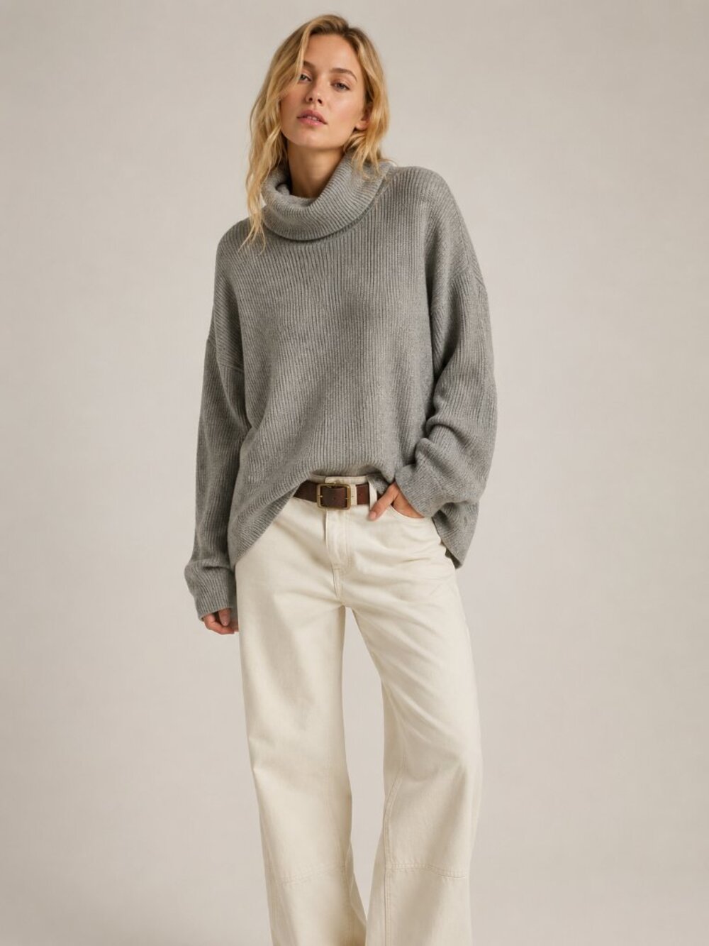Free People Gray Ribbed Turtleneck Sweater Women's Medium Oversized Cozy Knit